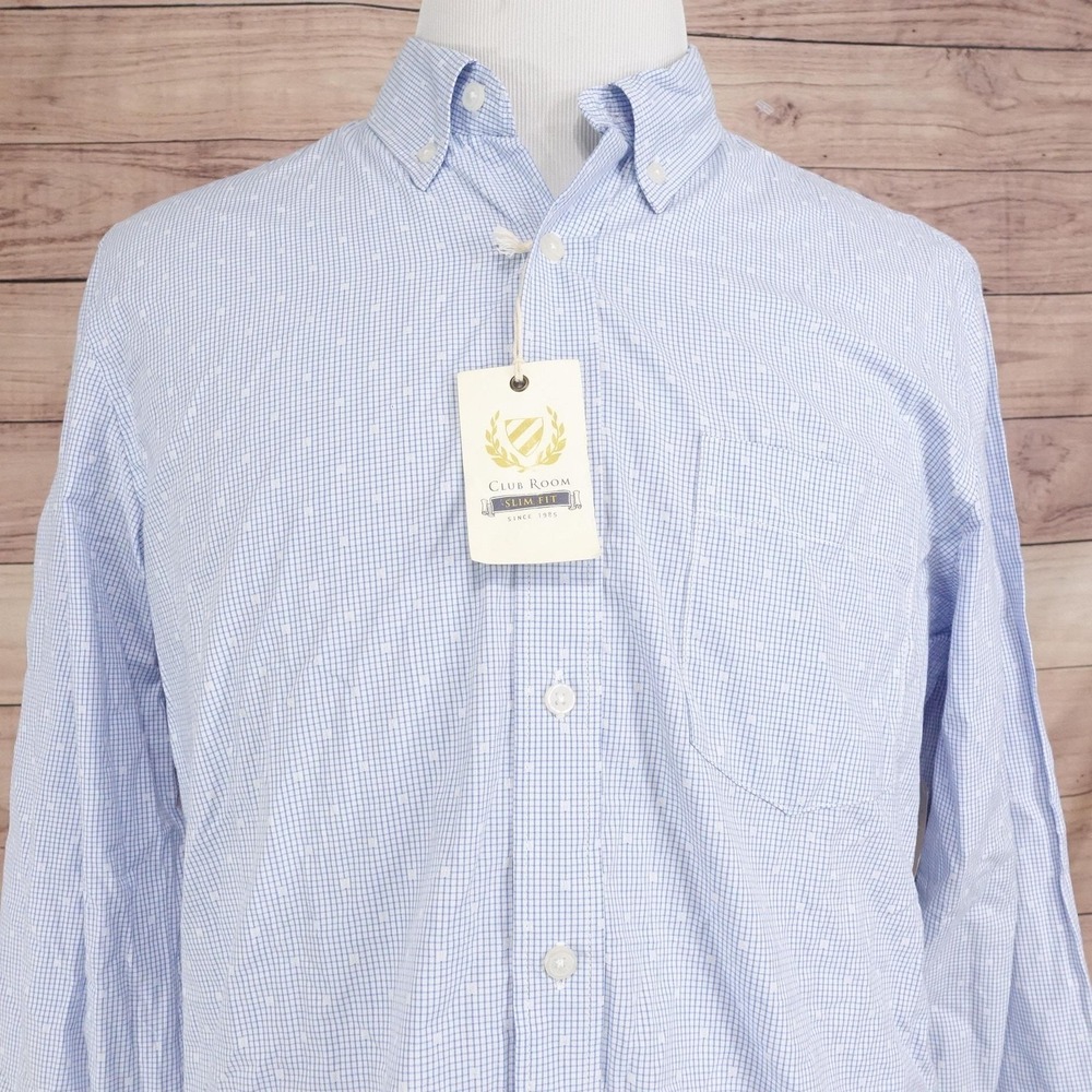 New! Club Room Shirt Mens L Blue Long Sleeve Button-Up Slim Fit Cotton Casual